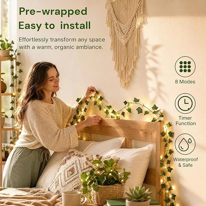 66FT Ivy Vine Fairy Lights Plug In 200 LED Warm White Leaf String Lights with Remote Connectable Waterproof for Bedroom Garden Party Wedding Decor