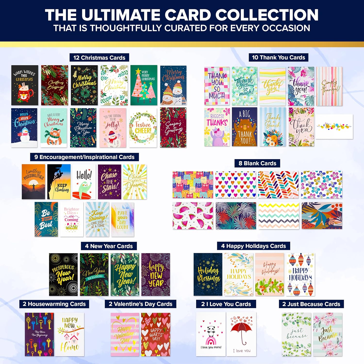 110 Pack Gold Foiled & Glittery 5X7In All Occasion Cards Assortment Box With Envelopes & Stickers, 110 Folded Unique Designs For Friends & Family With Printed Message - Gifting, Mailing
