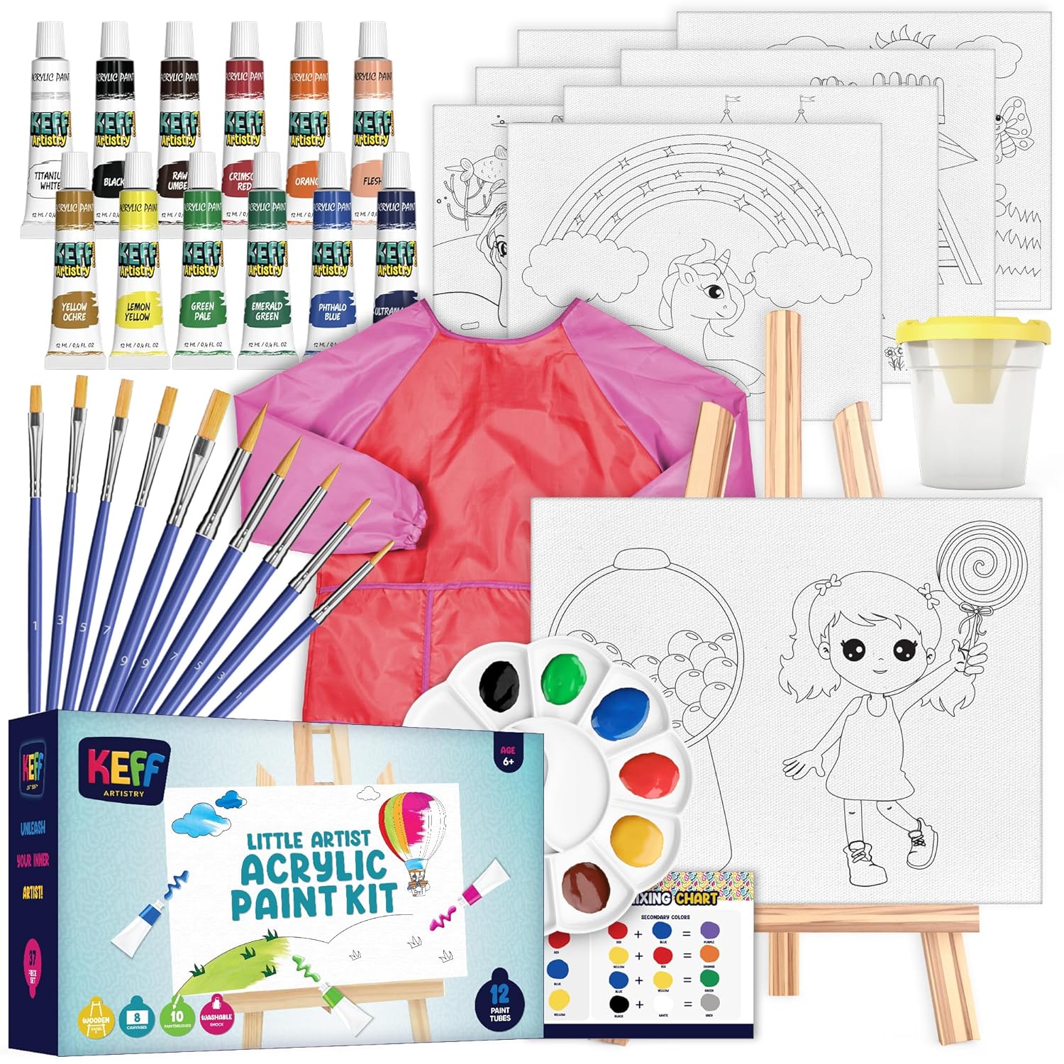 Acrylic Paint Set For Kids - Non Toxic Washable Paint - 32 Pcs Painting Kit For Kids With Blank & Pre-Drawn Canvas Boards, Wooden Easel, Brushes, Mixing Palette, Washing Cup & Pink Smock
