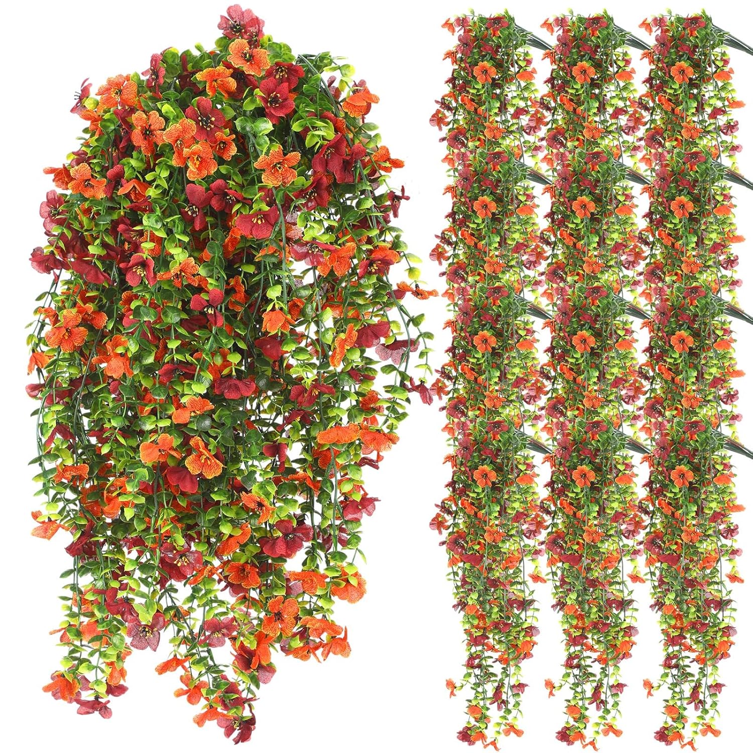 12 Pcs Fall Artificial Hanging Flowers Plants For Outdoor Decoration Fake Silk Mums Uv Resistant Daisy Look Real Autumn Violets With Eucalyptus Trailing Vines Porch Patio Yard Garden Balcony