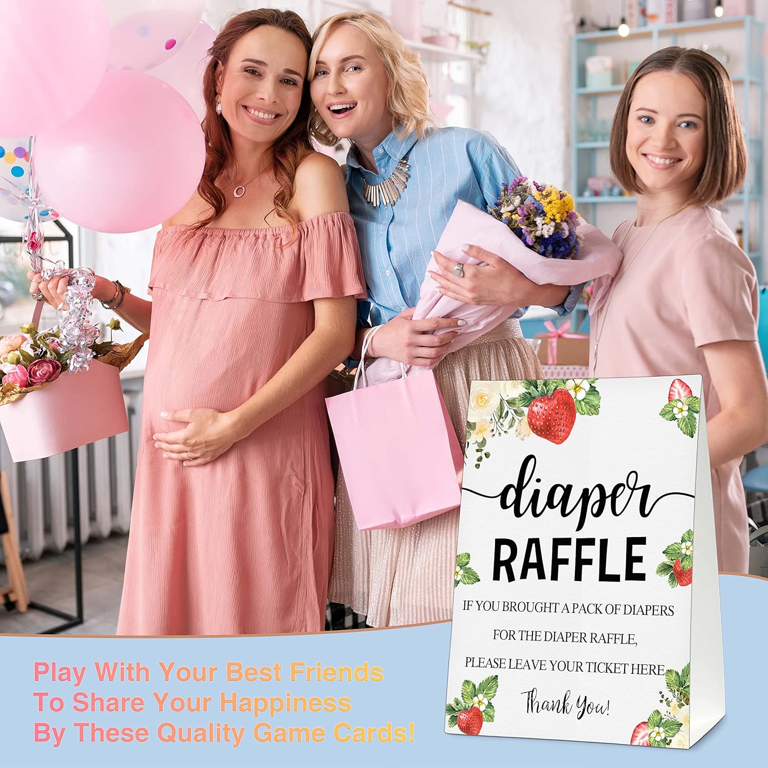 Baby Shower Game Set, 50 Diaper Raffle Tickets With 1 Standing Sign, Berry Strawberry Gender Reveal Party Decorations Supplies - B74