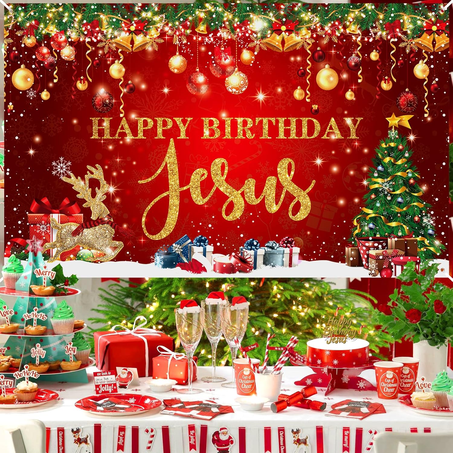 Happy Birthday Jesus Party Decorations Banner - Red Christmas Jesus Birthday Party Supplies For Indoor/Outdoor Decor
