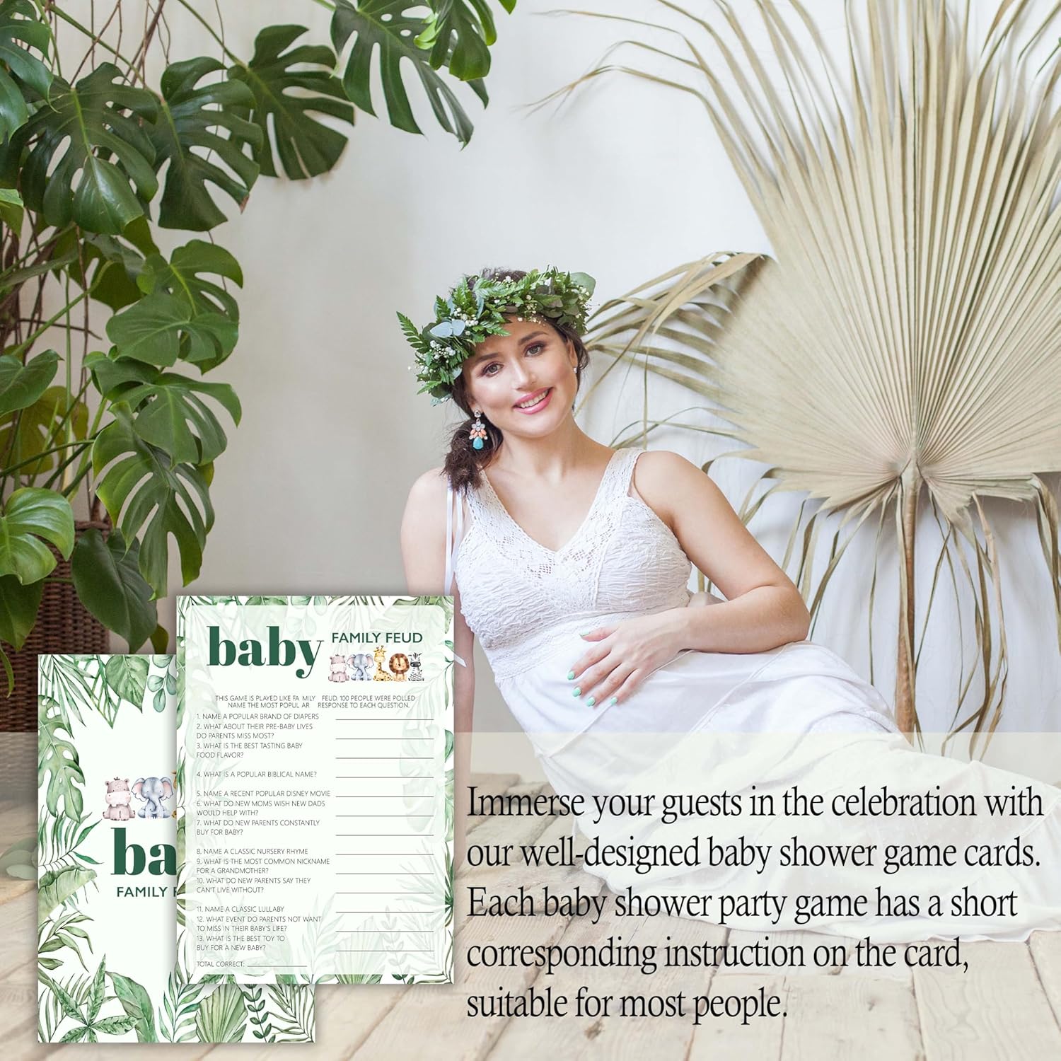 Baby Shower Games Boy, Woodland Animal Baby Family Feud, 30 Double-Sided Fill In Game Cards & 1 Answer Card For Safari Jungle Gender Reveal Party Favor Supplies - B06