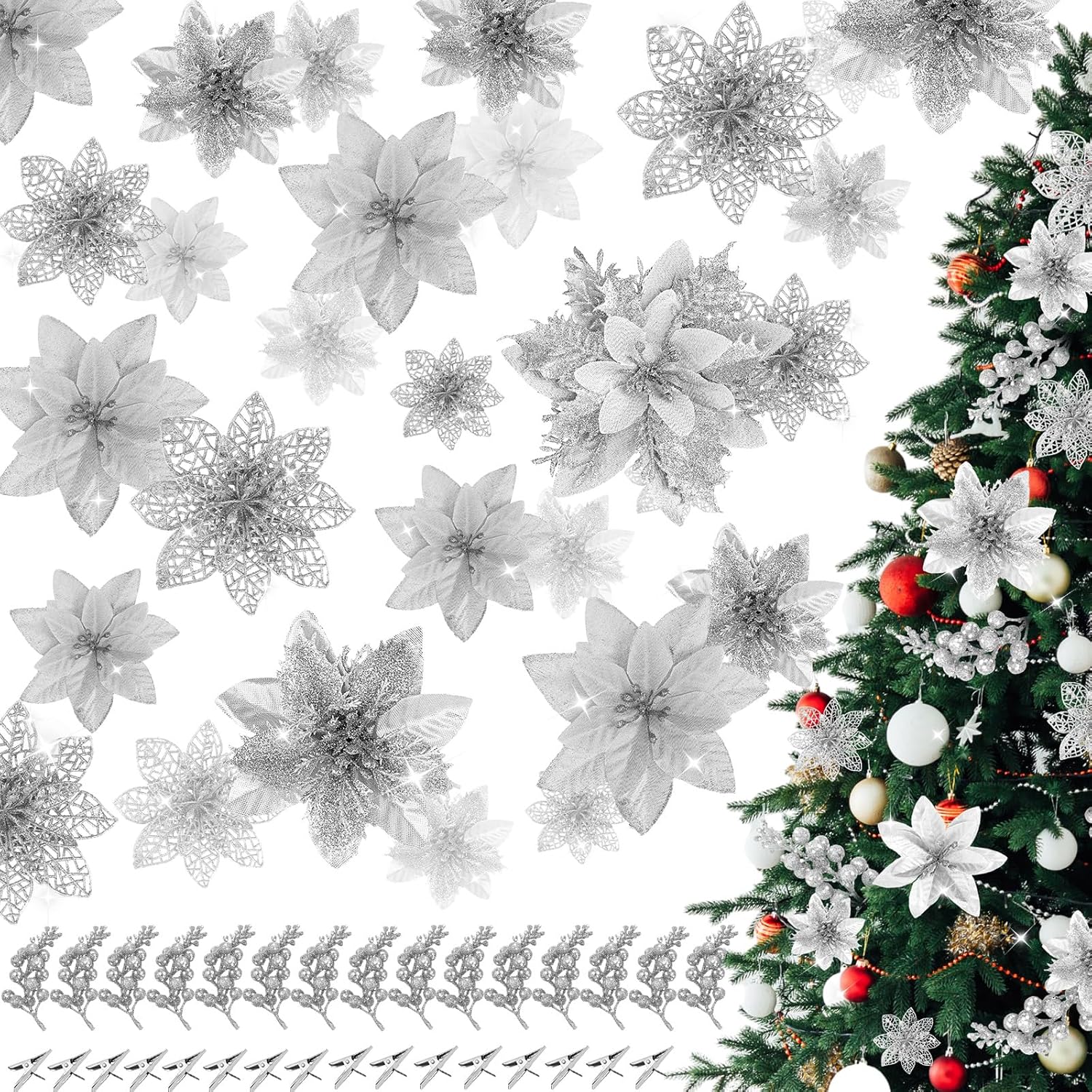 60 Pcs Christmas Flowers Glitter Poinsettia Flower, 3, 4, 6 Inch Artificial Flowers For Decoration With Clips For Christmas Tree Holiday Outdoor Seasonal Party Wedding Decoration(Silver)