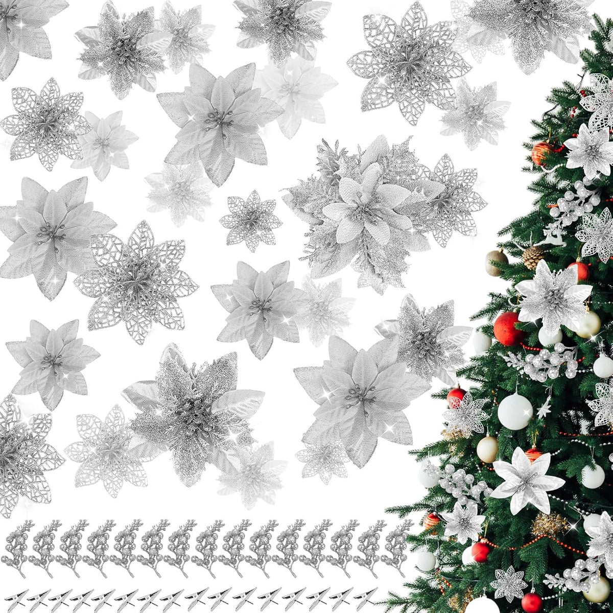 60 Pcs Christmas Flowers Glitter Poinsettia Flower, 3, 4, 6 Inch Artificial Flowers For Decoration With Clips For Christmas Tree Holiday Outdoor Seasonal Party Wedding Decoration(Silver)
