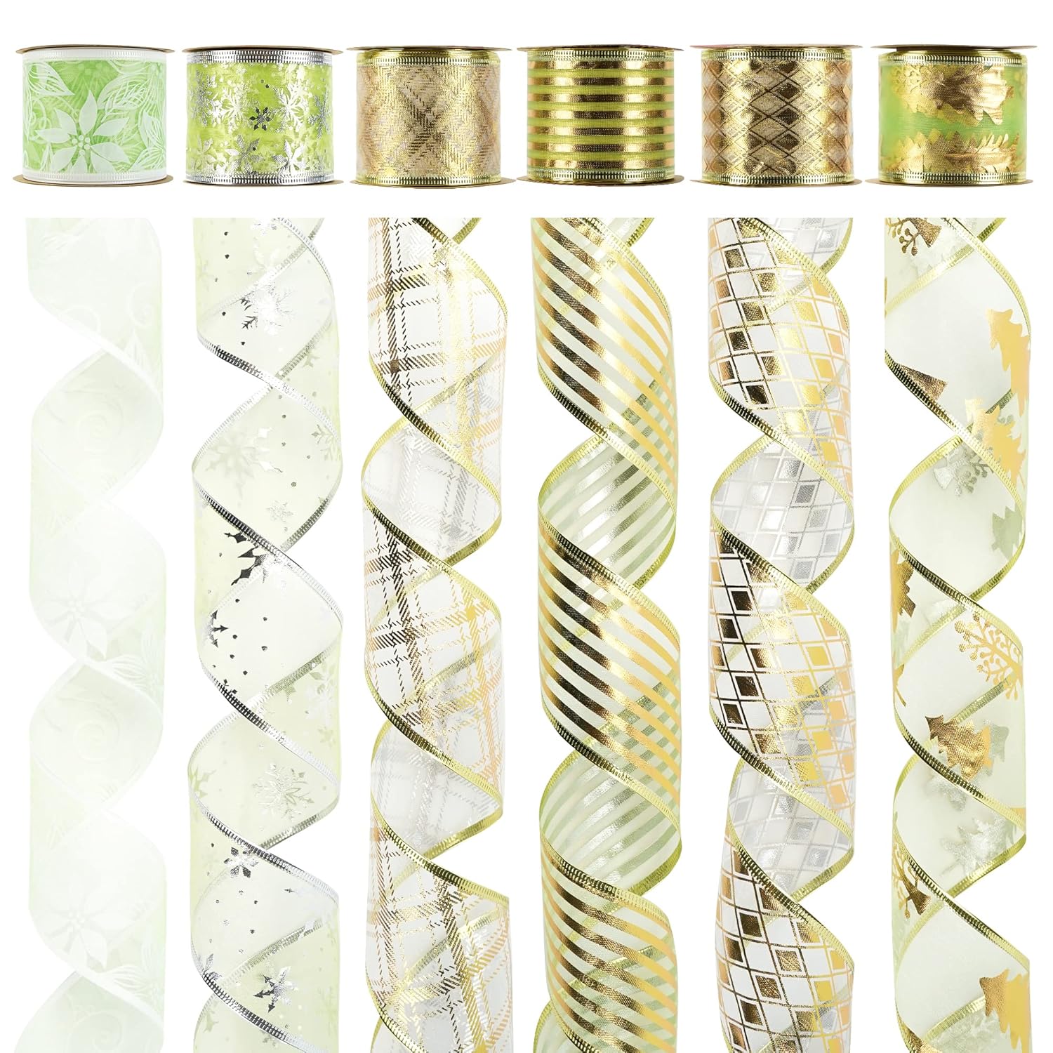 Green Ribbon Set - 6 Rolls, 36 Yards, Wired, Gold & Green For Christmas Tree Decorations