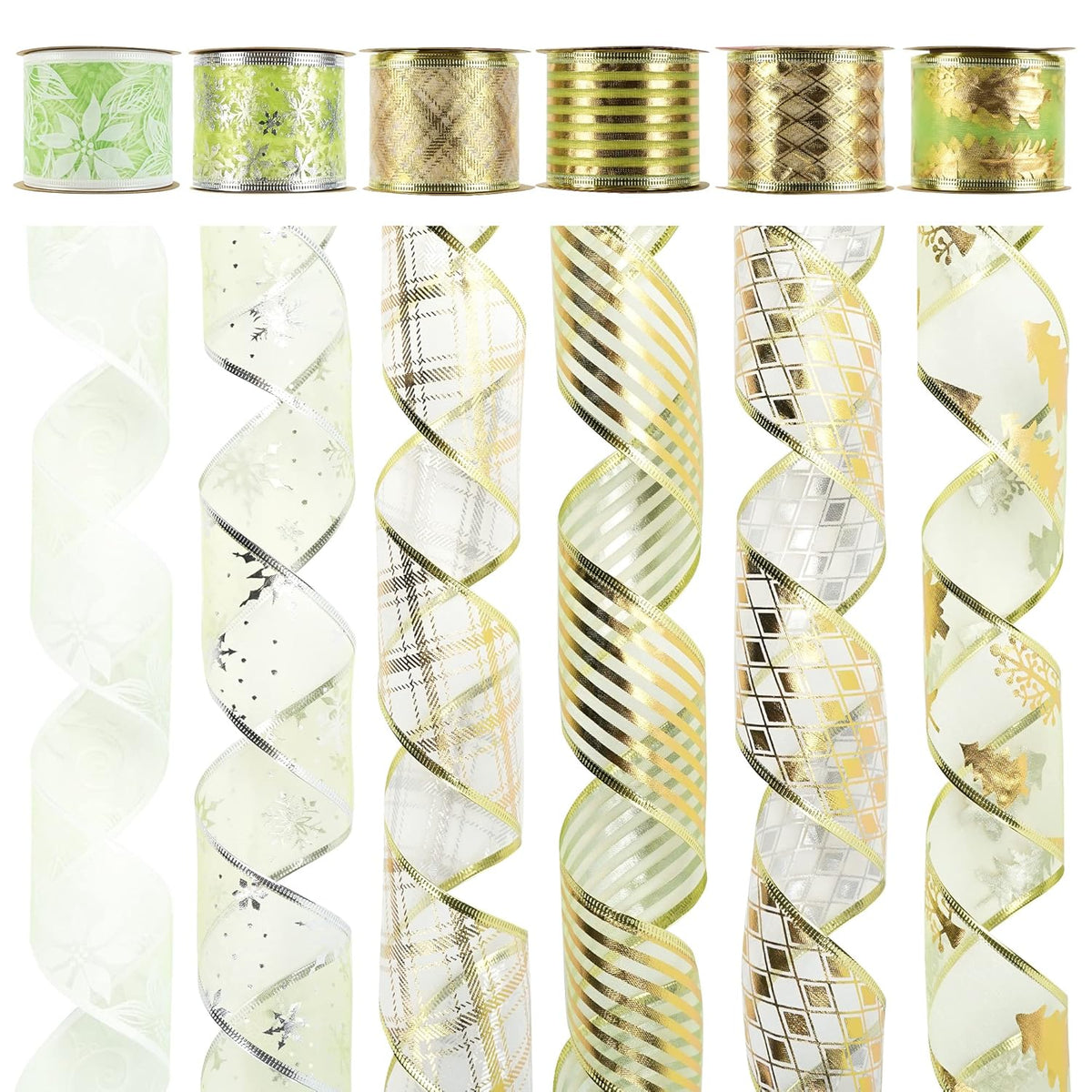 Green Ribbon Set - 6 Rolls, 36 Yards, Wired, Gold & Green For Christmas Tree Decorations