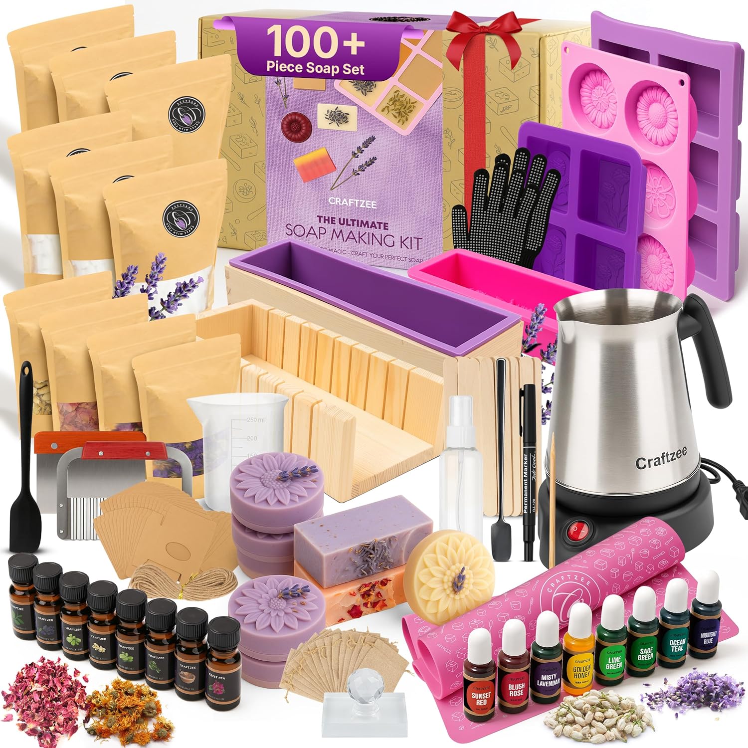 Ultimate Deluxe Soap Making Kit - All-In-One Soap Making Supplies With 6Lbs Soap Base, 8 Dyes, 8 Essential Oils, Silicone Molds, Cutters, All Essential Tools & Instructions, Gift Bags & Boxes