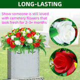 Artificial Cemetery Flowers, Artificial Silk Flower Arrangement ,Artificial Rose Bouquet Grave Memorial Flowers With Headstone Flower Saddle For Gravesite Headstones Decoration (1, Red And White)