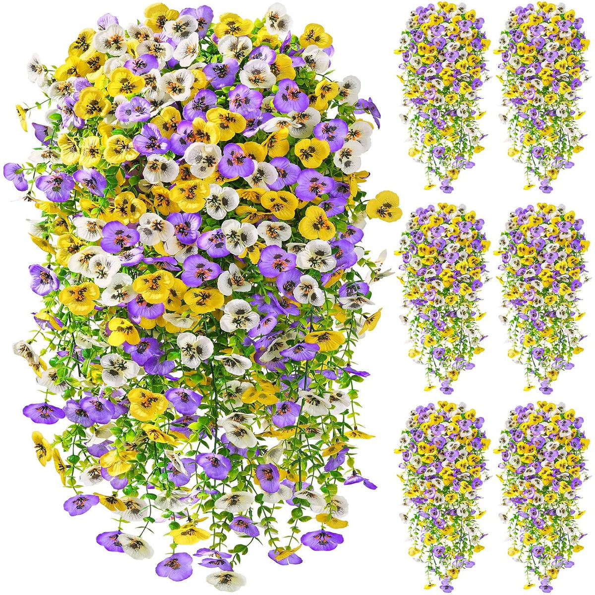 Artificial Fake Hanging Flowers For Outdoors Planters,6Pcs Uv Resistant Faux Pansy Spring Flowers For Outside Porch Patio Garden Window Box (Yellow Purple White)
