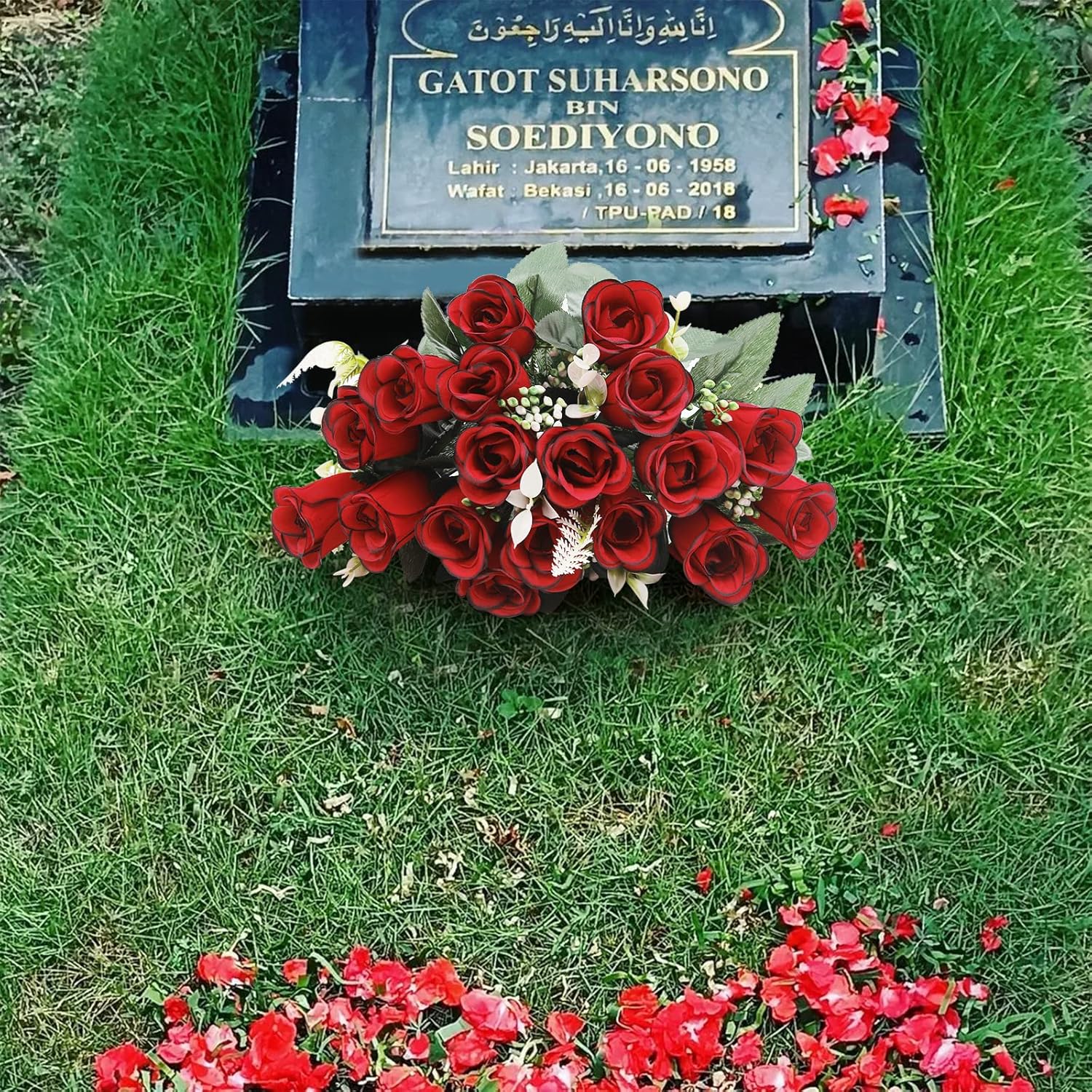 2Pcs Artificial Cemetery Flowers For Grave Silk Memorial Red Rose Flowers Outdoor Grave Flowers For Grave Vase Cemetery Flower Arrangements (Not Included Vase)