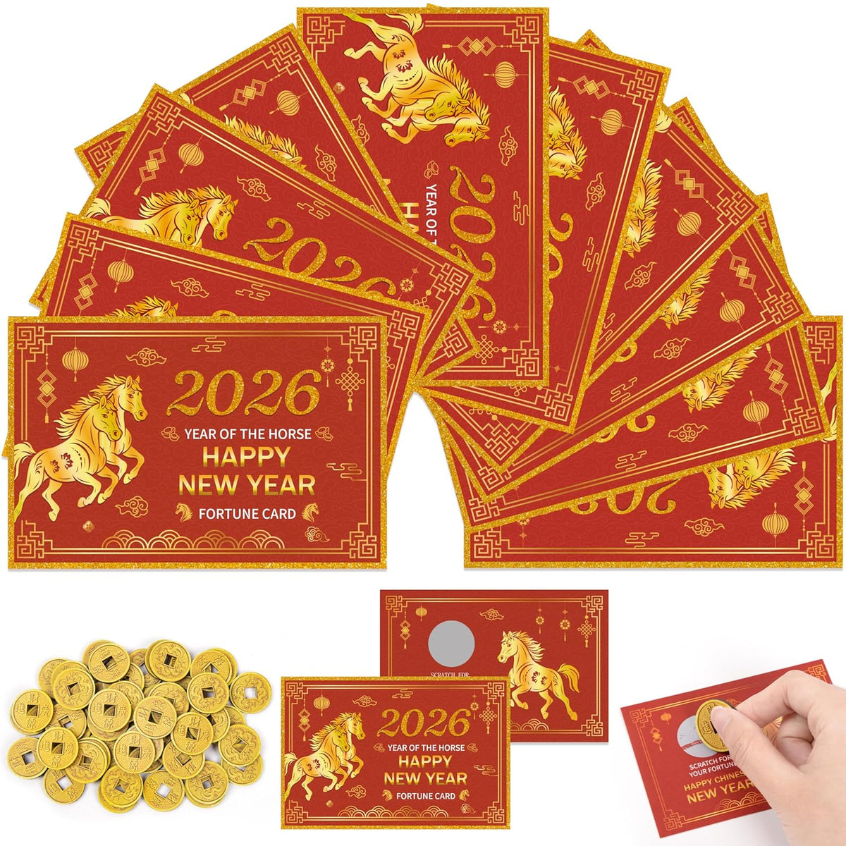 100 Pcs Chinese New Year 2026 Scratch Off Fortune Cards - Lunar Years Horse Designs With 50Pcs Wooden Coins For Adult Party Games Gifts Favors Supplies