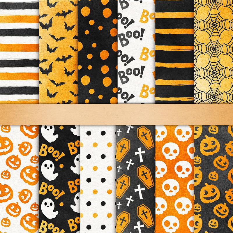 24Pcs Halloween Pattern Paper Watercolor Scrapbook Paper Pumpkin Double Sided