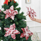 Large Christmas Poinsettias 6 Pcs Snow Decorated Christmas Tree Flowers Artificial Flower Picks Ornaments For Christmas Tree Wreath Decoration (Red/White)