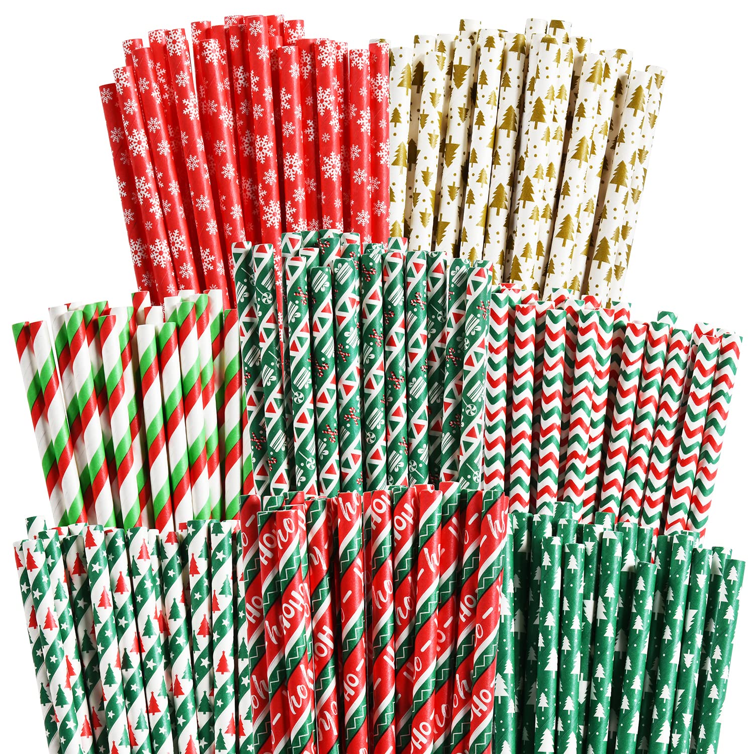 200 Christmas Paper Straws, 8 Styles Red Green White Gold Biodegradable Party Drinking Straws With Stripe, Wave, Christmas Tree Snowflake Design Decorations Supplies