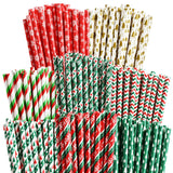 200 Christmas Paper Straws, 8 Styles Red Green White Gold Biodegradable Party Drinking Straws With Stripe, Wave, Christmas Tree Snowflake Design Decorations Supplies