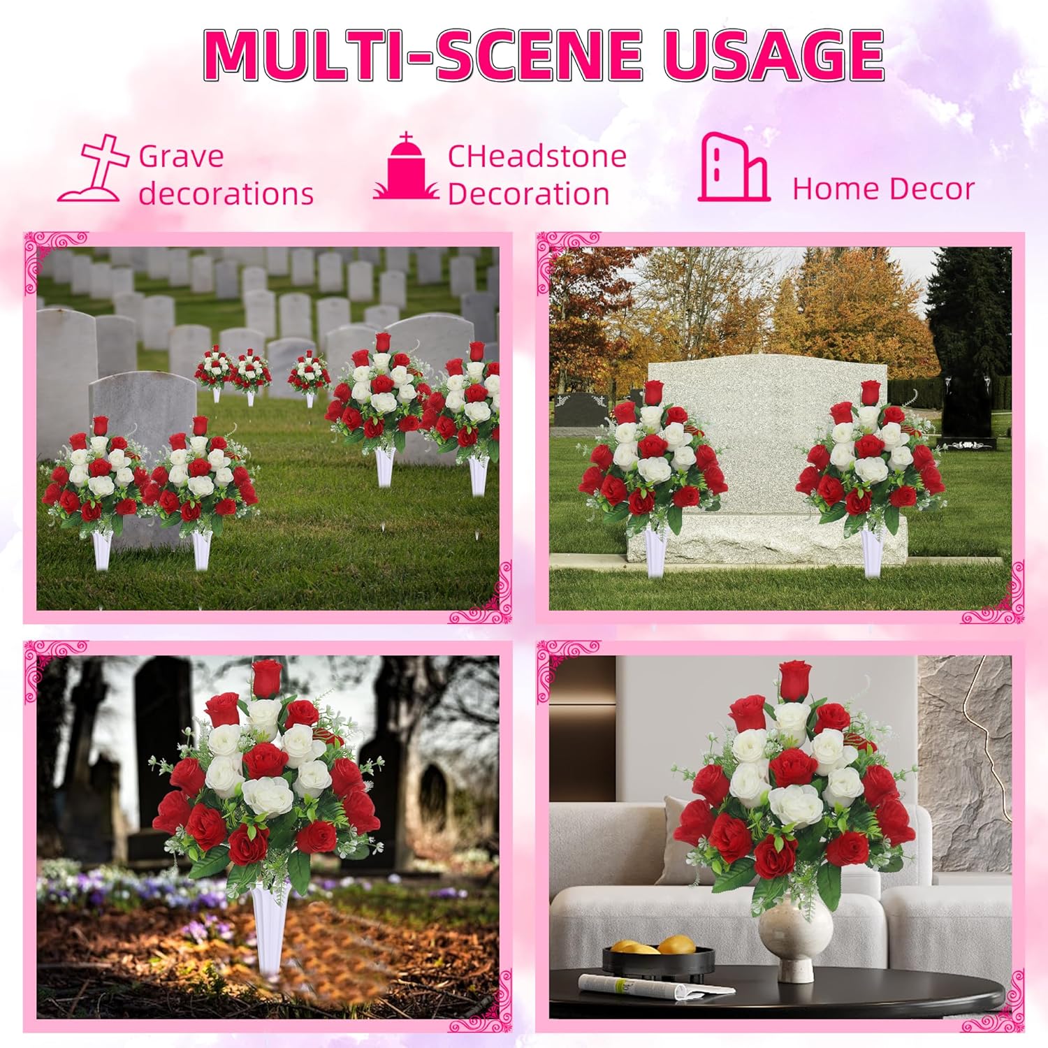 Set Of 2 Artificial Cemetery Flowers, Grave Memorial Flowers With Vase, Outdoor Grave Decorations Roses For Cemetery Headstones Decoration (Red White)