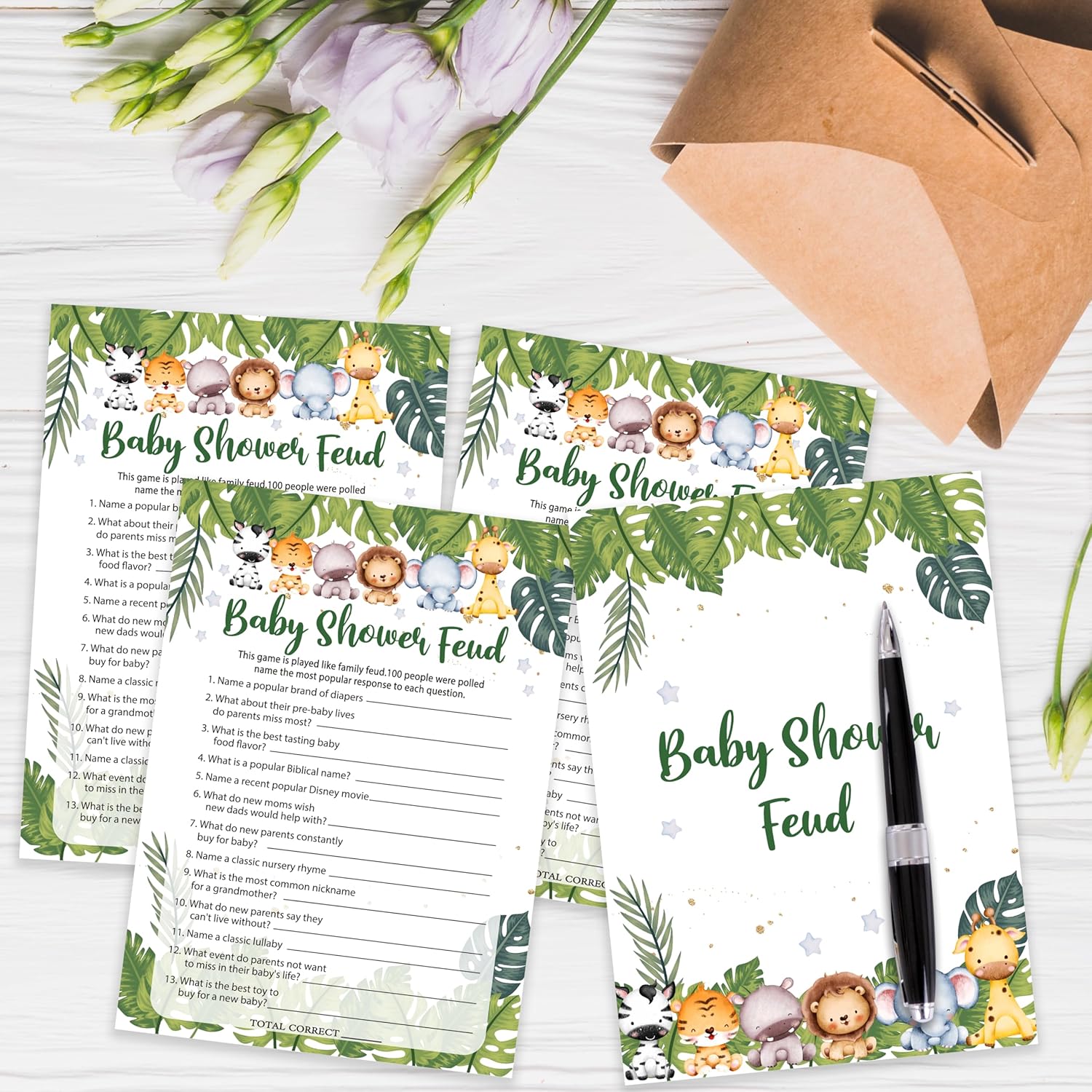 Safari Animals Baby Shower Games Cards, Baby Shower Family Feud Game Cards For New Parents Babyshower Activity, Wildlife Gender Reveal Party Games For Decorations Favors Supplies, Set Of 25 -02