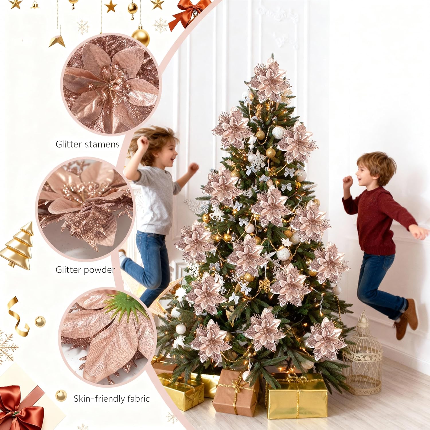 10Pcs Red Poinsettia Flowers Artificial With Clips Christmas Flowers Decoration Red Glitter Poinsettia Christmas Ornaments 5.5’’ For Xmas Home Tree Wreaths Door Frame Decor