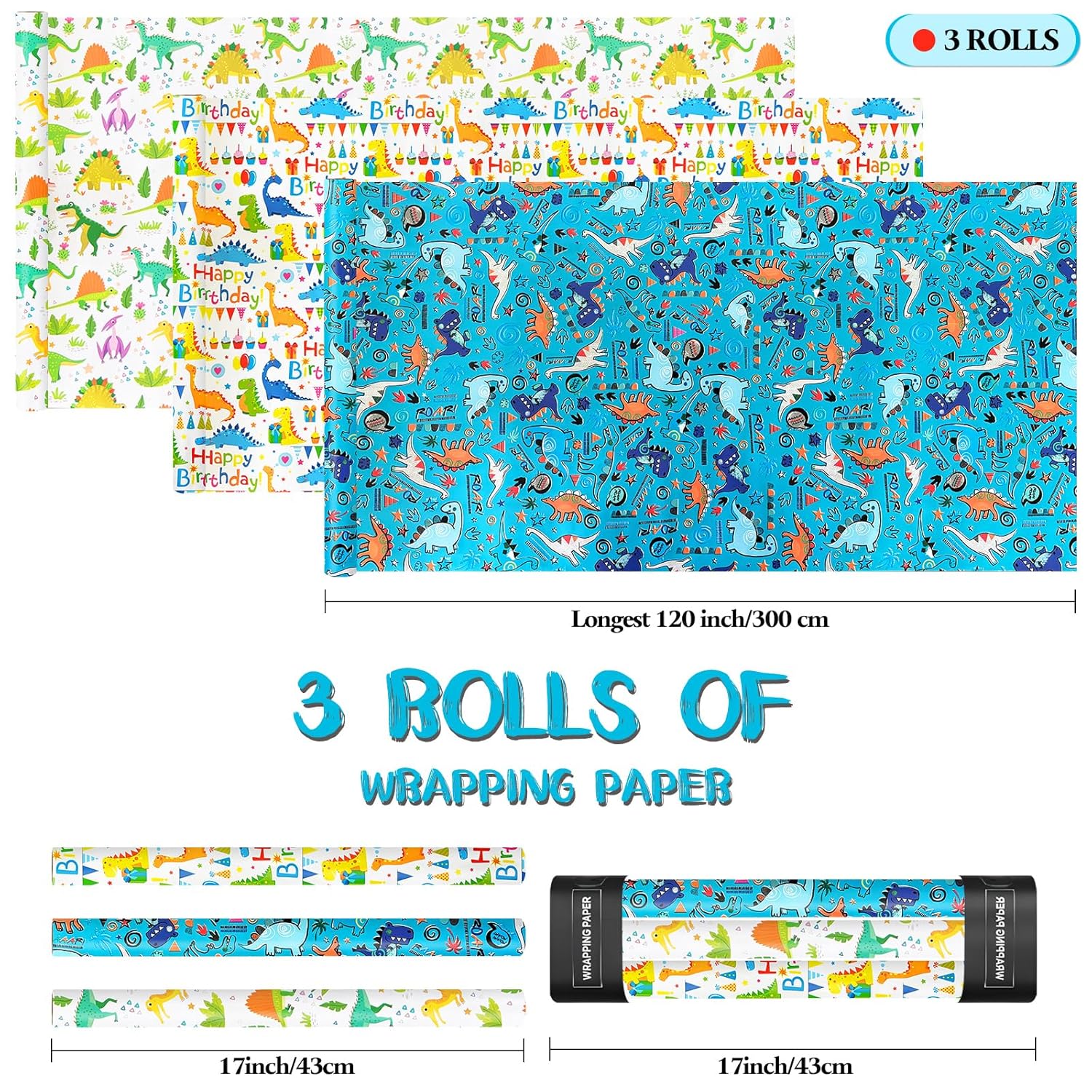 Happy Birthday Dinosaur Wrapping Paper - 3 Rolls, 17" X 120" Each, Packing Paper, Gift Wrap, Dinosaur Party Favor, Birthday Wrap For Girls & Boys, Baby Shower