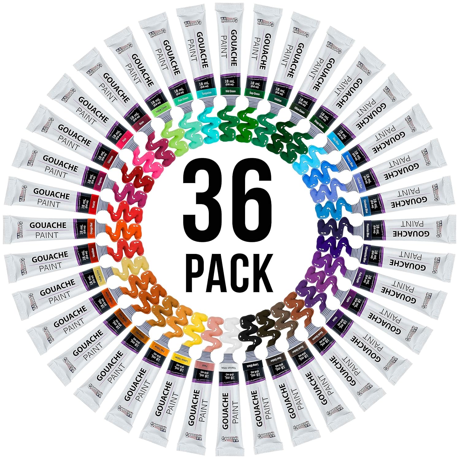 Professional 36-Color Gouache Paint Set In Large 18Ml Tubes & Color Mixing Wheel - Gouache Paint Tubes For Artists, Students, Beginners