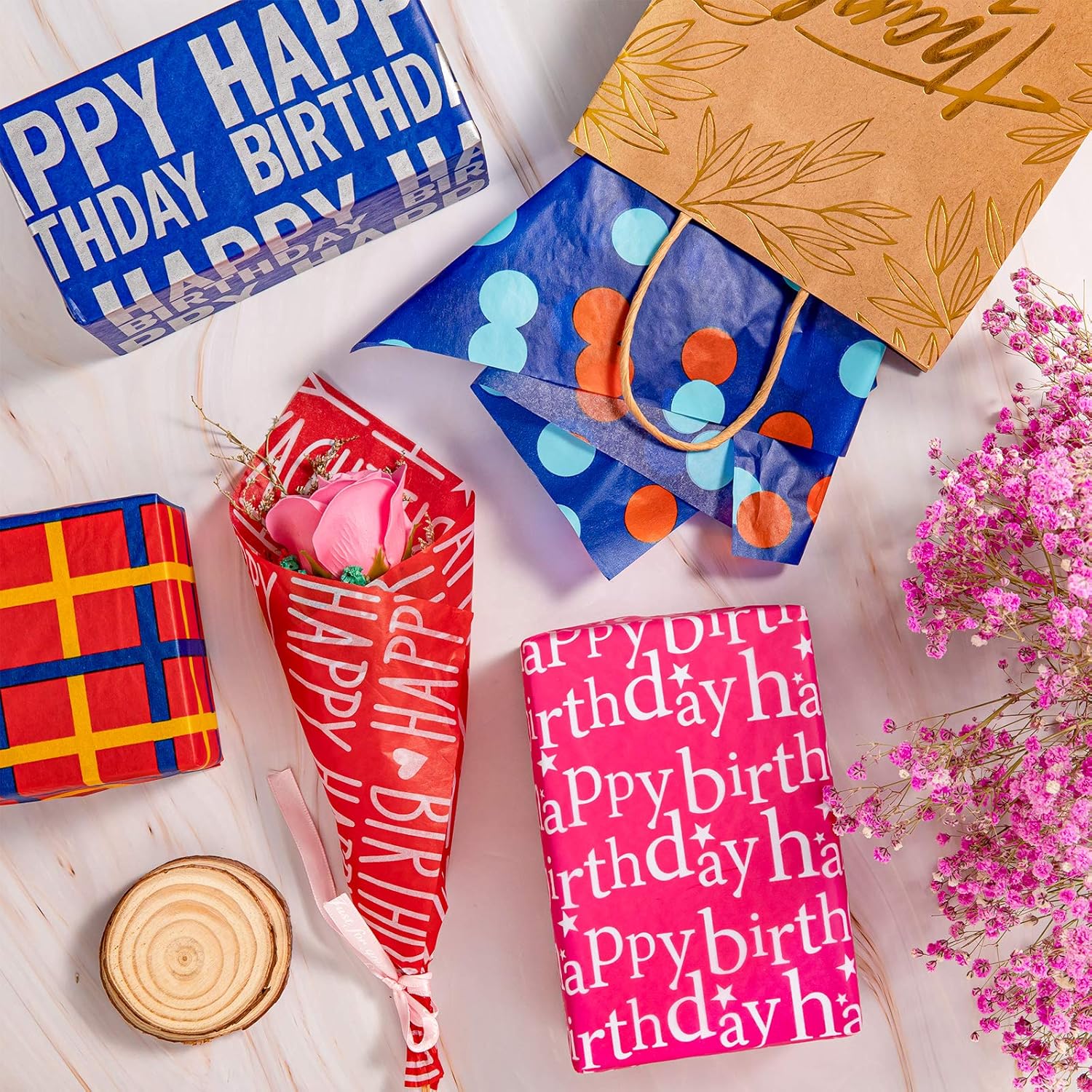 120 Count Happy Birthday Gift Tissue Paper - Assorted Pattern Wrapping Paper - 13.8 X 19.7 Inch - Classic, Unique - Mixed Color - Birthday Occasion