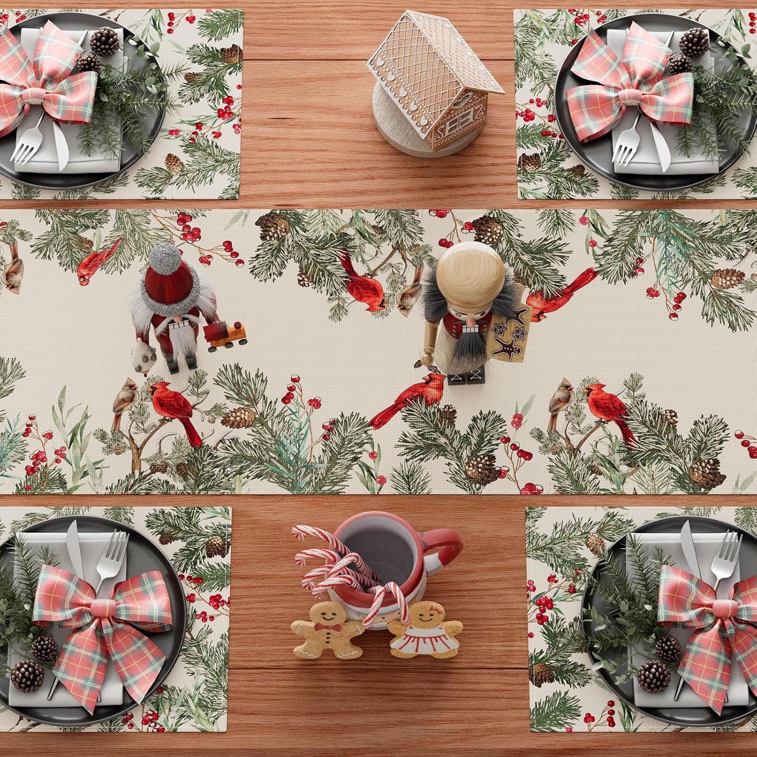 Cardinal Birds Winter Pine Tree Christmas Xmas Table Runner Table Decoration For Home Kitchen Dining Holiday Decor 13X72 Inch
