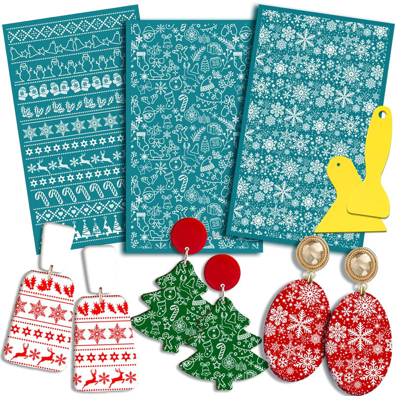 Christmas Silk Screen Stencils For Polymer Clay, 3Pcs Reusable Silk Screen For