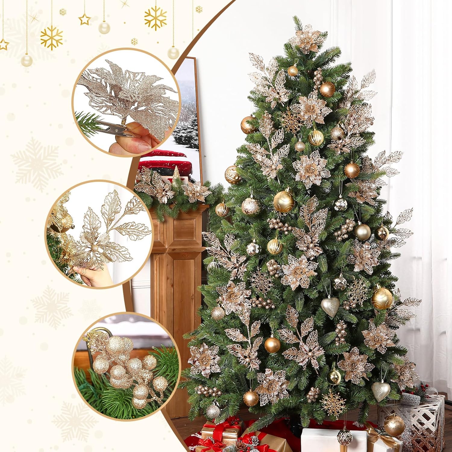 24 Pcs Christmas Tree Decorations, 12 Pcs Poinsettia Flowers Artificial+6 Pcs Glitter Holly Berry Stems+6 Berry Leaves Christmas Tree Picks For Party Wreath Fireplace, Champagne Gold