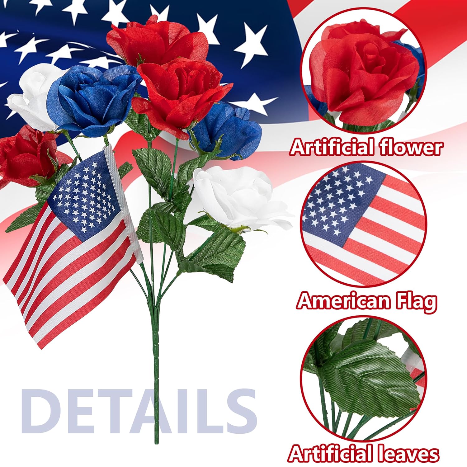 4 Bunches Memorial Day Artificial Flowers, Red Blue White Cemetery Flower With Flags, Patriotic Bouquet Decorations For Veterans Day 4Th Of July Independence Day Grave Home Decor