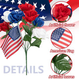 4 Bunches Memorial Day Artificial Flowers, Red Blue White Cemetery Flower With Flags, Patriotic Bouquet Decorations For Veterans Day 4Th Of July Independence Day Grave Home Decor