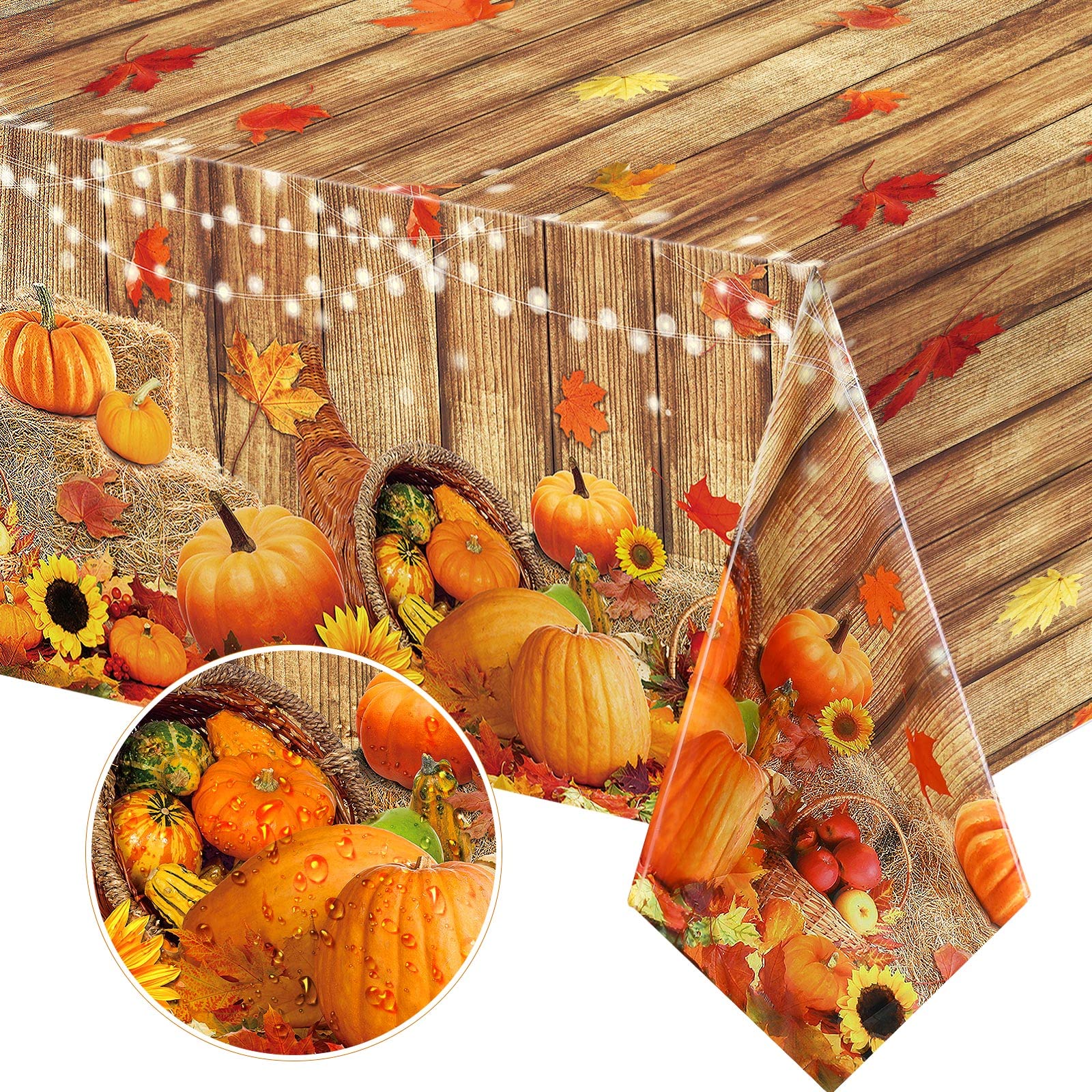 Fall Table Decoration Thanksgiving Fall Tablecloth Wood Grain Maple Party Table Cover Autumn Pumpkin Harvest Tablecovers Decor for Thanksgiving Dining Gathering Table Protector, 54 x 108 Inch (3 Pack)