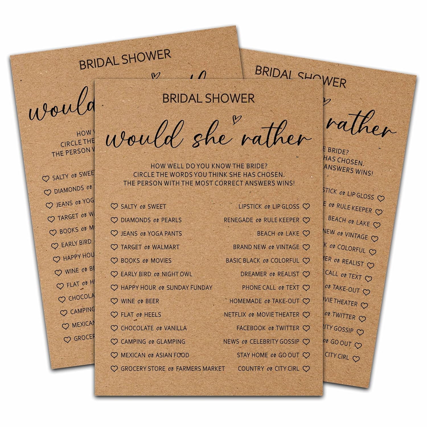 Rustic Kraft Wedding Games, Would She Rather Minimalist Bridal Shower Games, Engagement/Bachelorette Party Decorations, 5" X 7" Double-Sided Games Cards(25 Pack)-A03