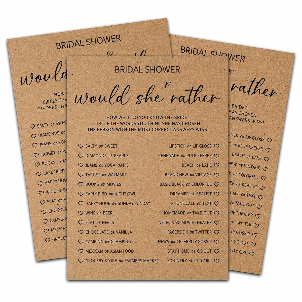 Rustic Kraft Wedding Games, Would She Rather Minimalist Bridal Shower Games, Engagement/Bachelorette Party Decorations, 5" X 7" Double-Sided Games Cards(25 Pack)-A03