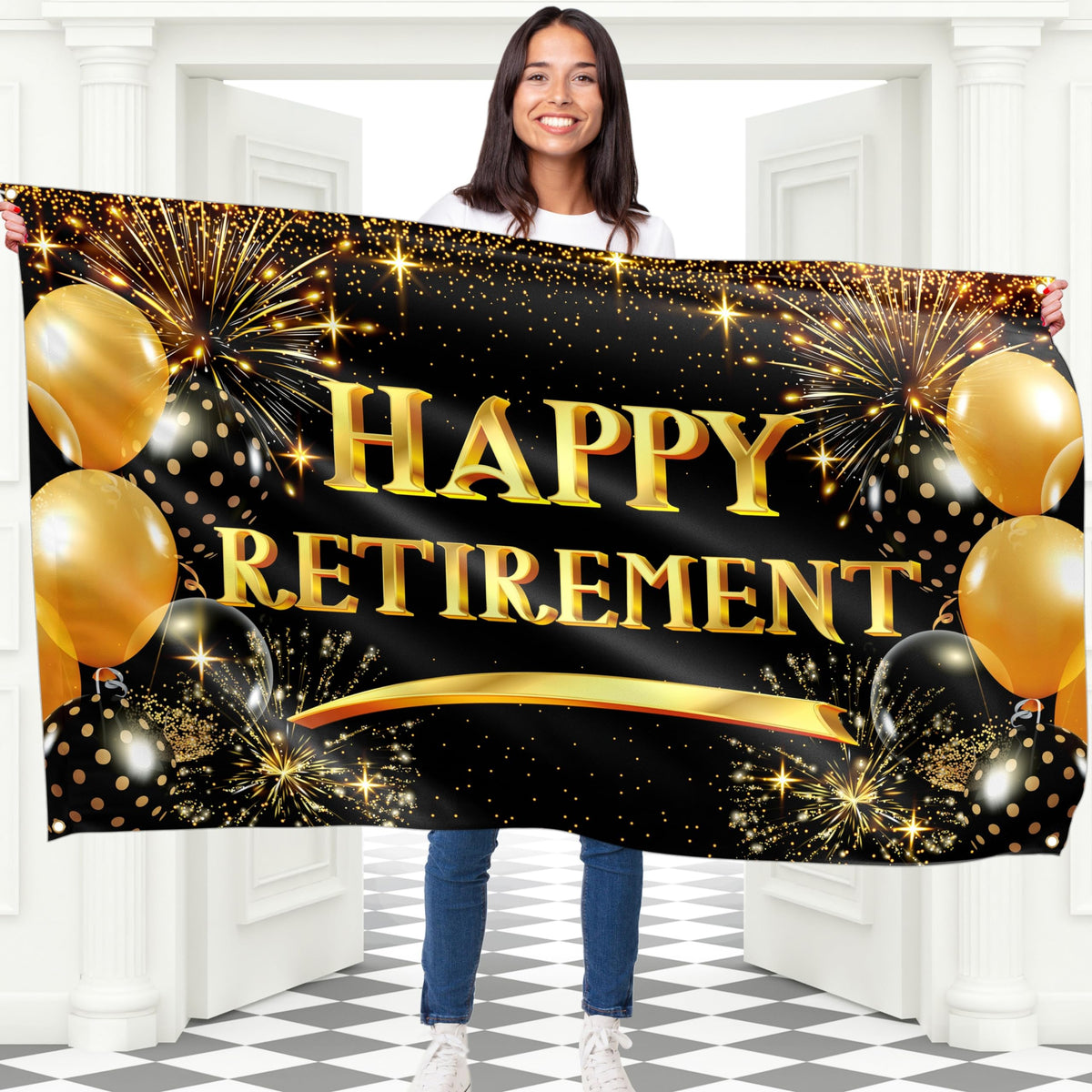 Happy Retirement Banner - Happy Retirement Decorations - Going Away Decorations - 5ft x 3ft (Black & Gold)