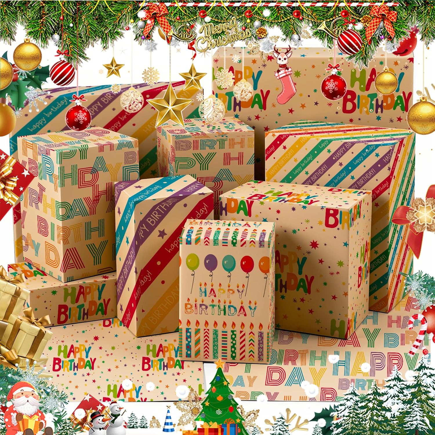 Birthday Wrapping Paper For Boys Girls Women Men,20 Sheets Gift Wrapping Paper With “Happy Birthday” Balloons, Colorful Stripes - Holiday Gift Wrap 27.5×19.7 Inches.
