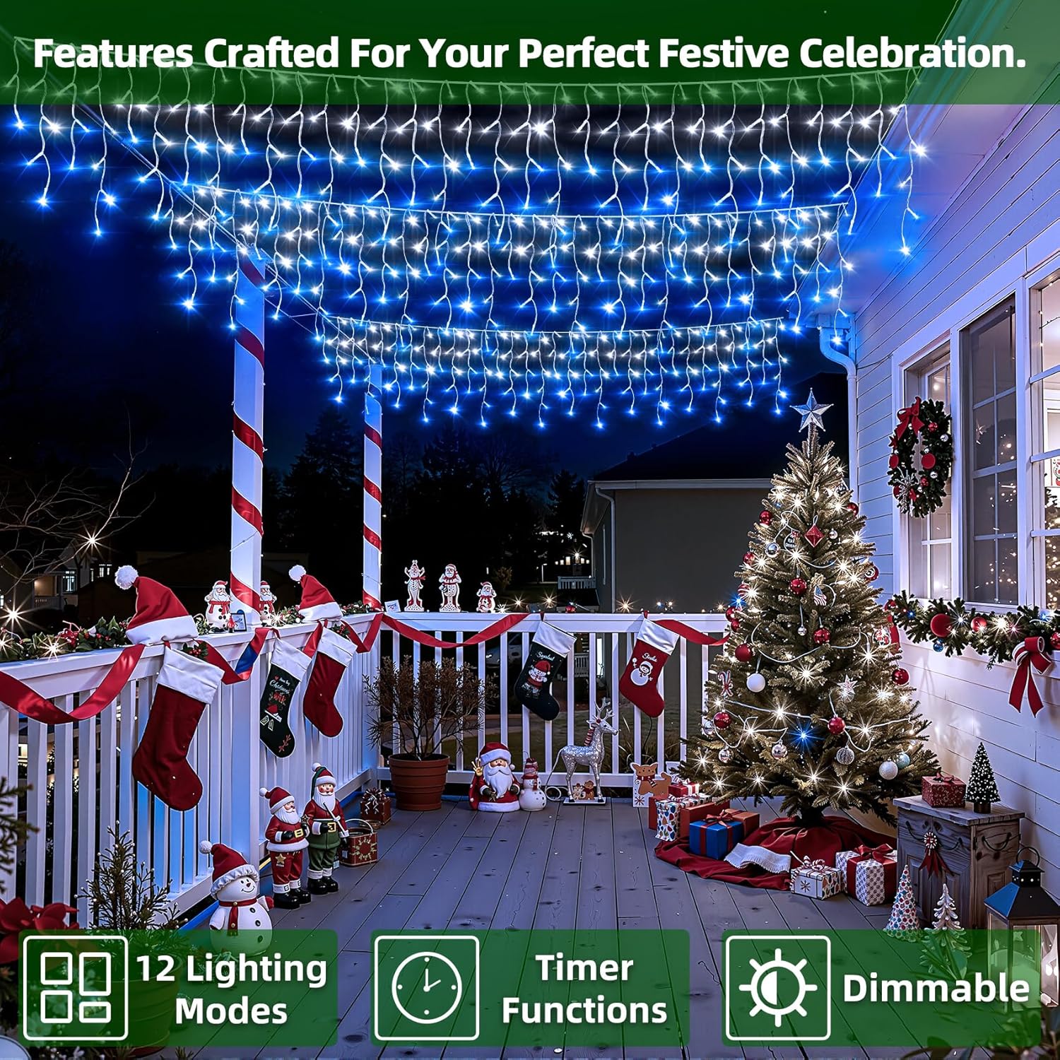 504 Led Christmas Lights With 112 Drops, 50Ft 12 Modes Blue And White Fairy String Lights With Timer Dimmable, Waterproo