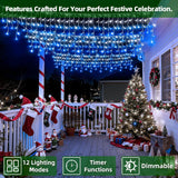 504 Led Christmas Lights With 112 Drops, 50Ft 12 Modes Blue And White Fairy String Lights With Timer Dimmable, Waterproo