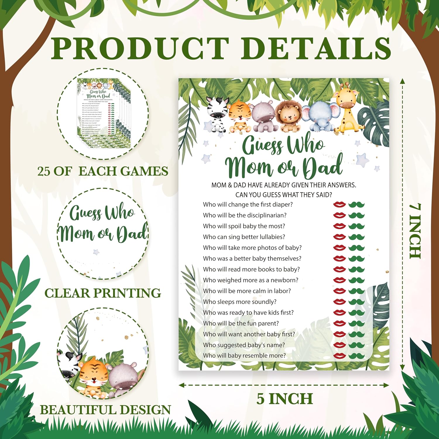 Safari Animals Baby Shower Games Cards, Find Who Mom Or Dad Game Cards For New Parents Baby Shower Activity, Wildlife Gender Reveal Party Games For Decorations Favors Supplies, Set Of 25-07