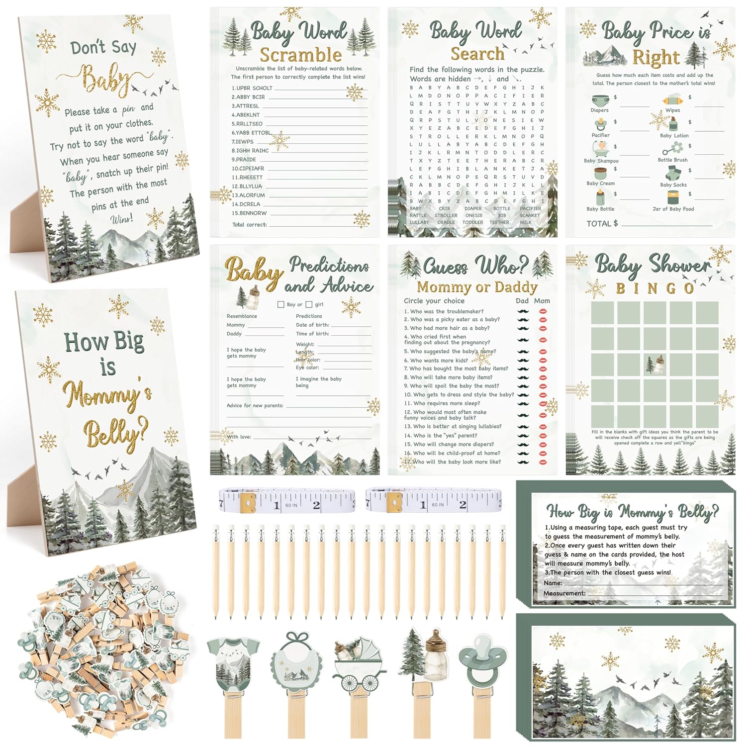 424Pcs Winter Baby Shower Game Set-8 Games Baby It'S Cold Outside Winter Wonderland Snowflake Decorations, Includes Bingo Word Scramble Fun & Easy To Play How Big Is Mommy'S Belly, Don'T Say The Word