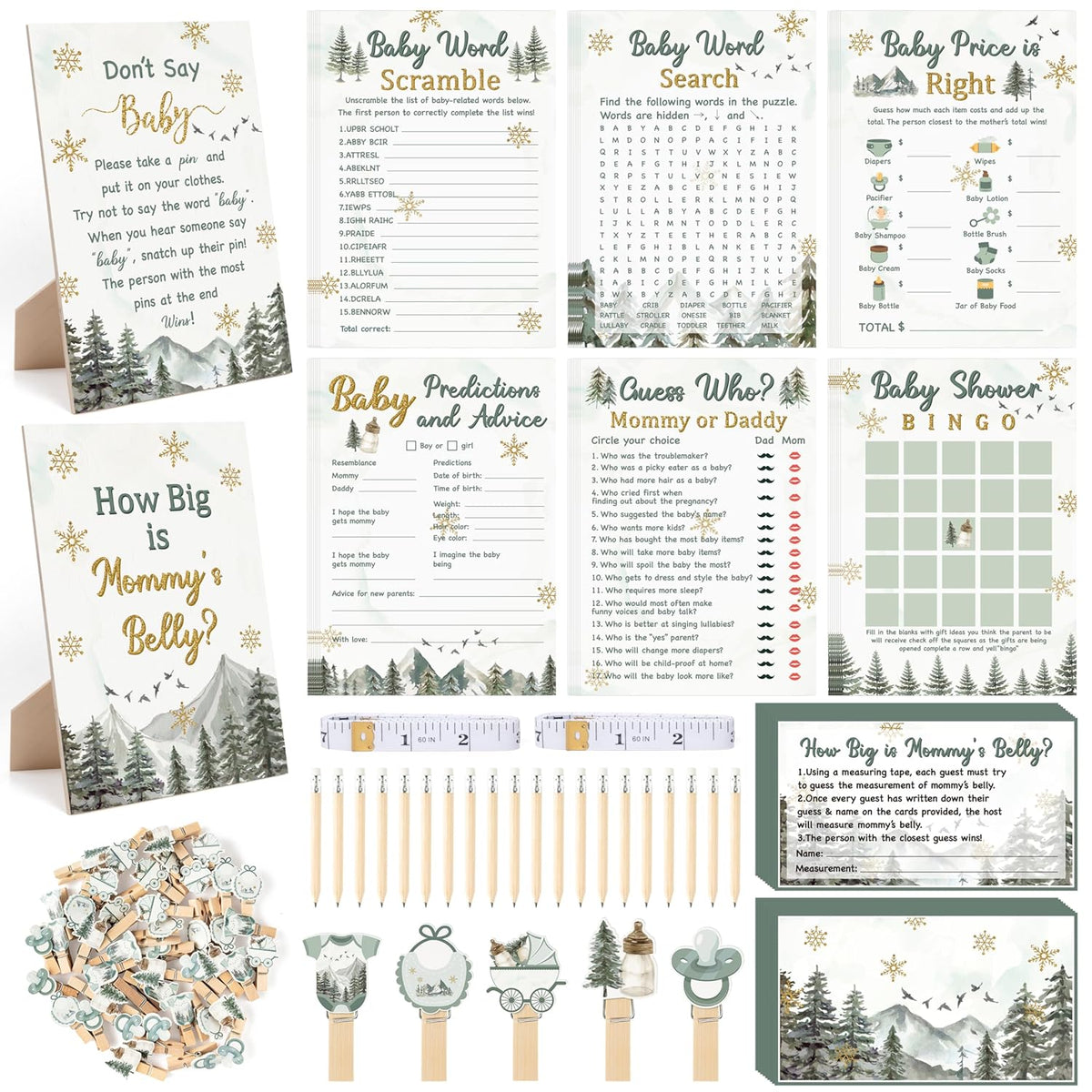 424Pcs Winter Baby Shower Game Set-8 Games Baby It'S Cold Outside Winter Wonderland Snowflake Decorations, Includes Bingo Word Scramble Fun & Easy To Play How Big Is Mommy'S Belly, Don'T Say The Word