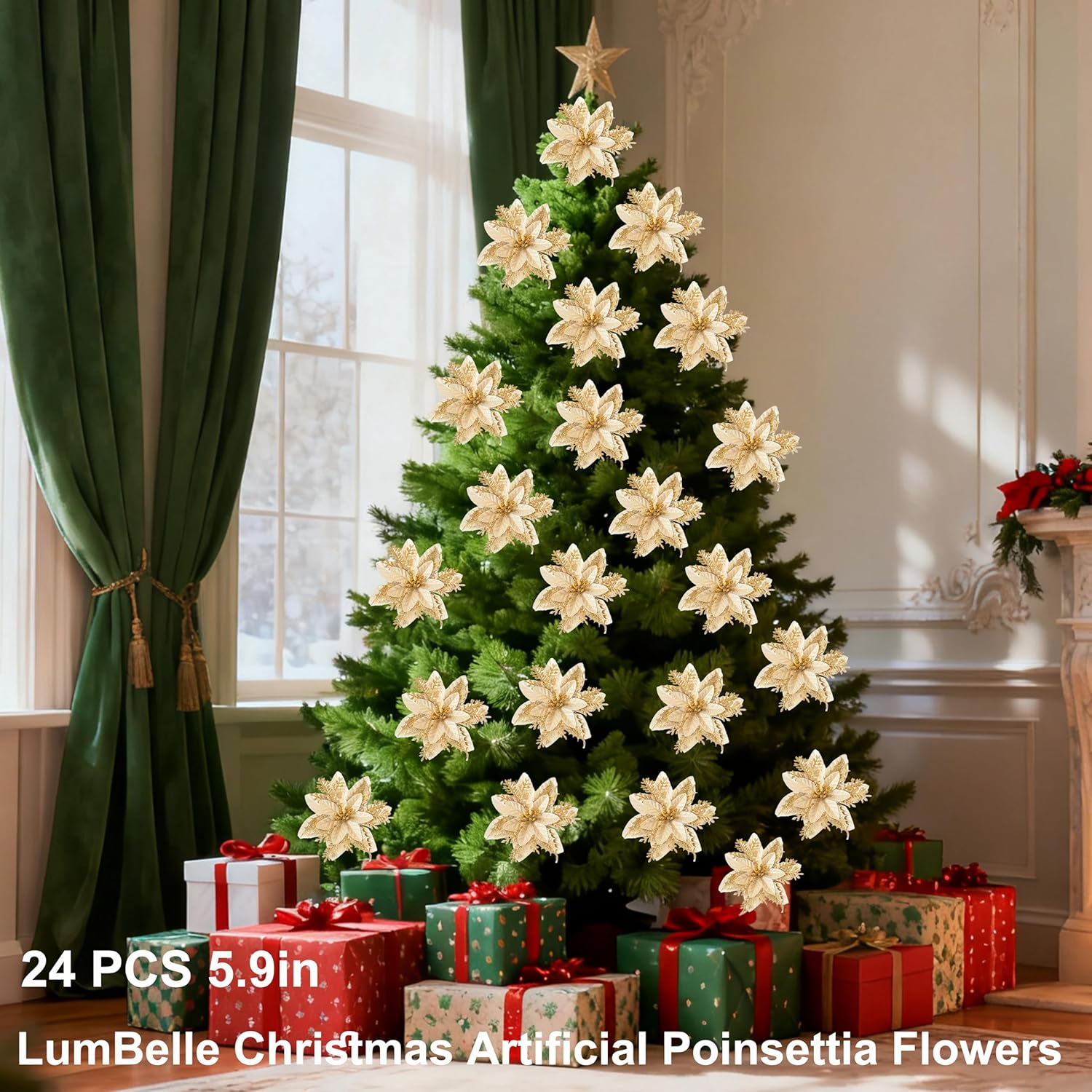 24 Pcs Christmas Artificial Poinsettia Flowers, 5.9" Glitter Artificial Christmas Flowers With Clips For Christmas Tree Diy Wreath Party New Year Decor (Gold)