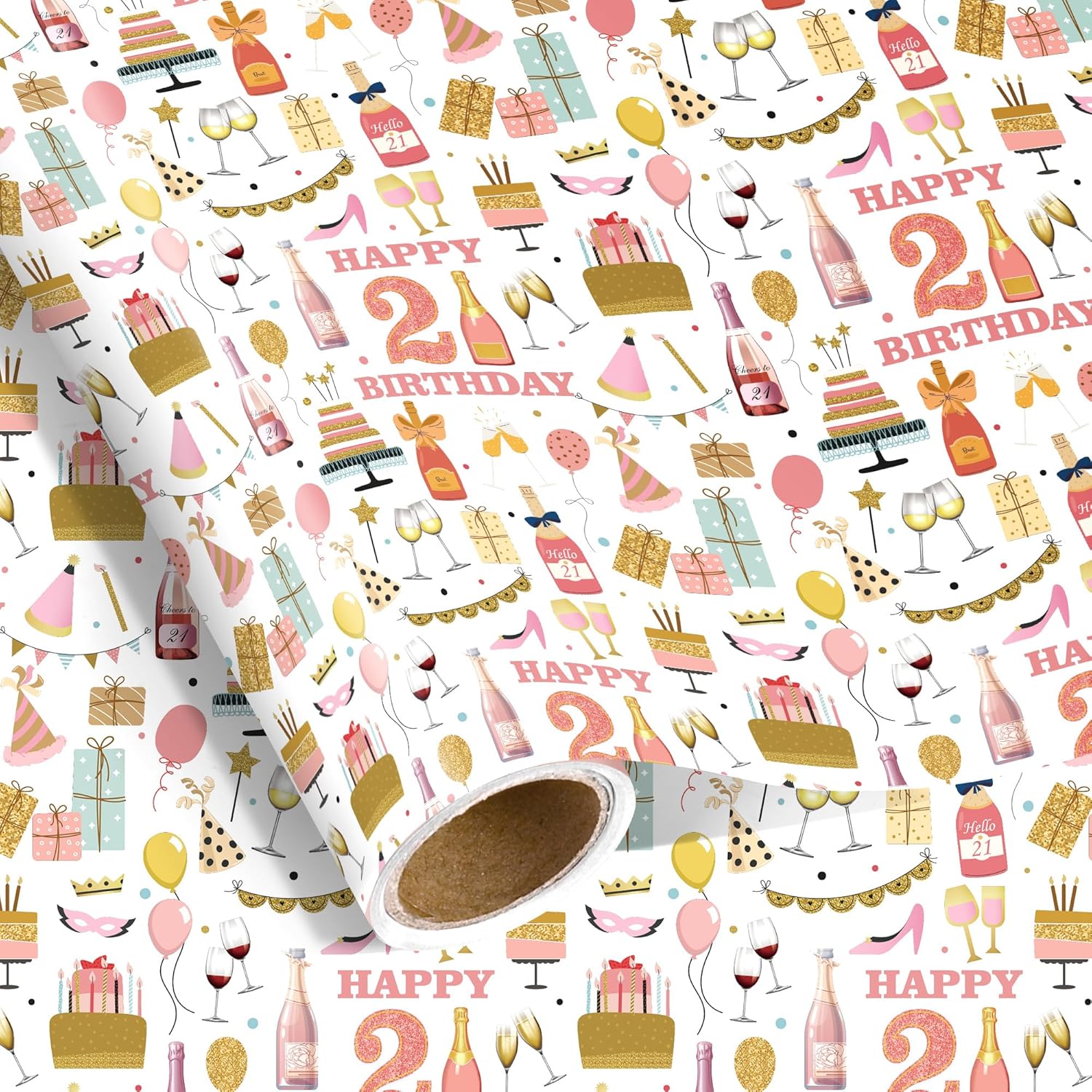 21St Birthday Wrapping Paper Roll For Girls, 17 In X 16.4 Ft, Mini Roll - Pink Champagne Balloons Happy Birthday Wrapping Paper With Cake Cheers To 21, Perfect For Girls Alcohol Theme Party