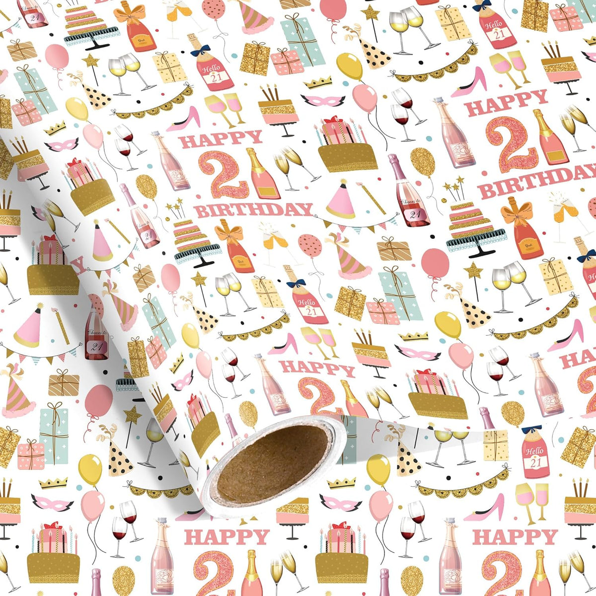 21St Birthday Wrapping Paper Roll For Girls, 17 In X 16.4 Ft, Mini Roll - Pink Champagne Balloons Happy Birthday Wrapping Paper With Cake Cheers To 21, Perfect For Girls Alcohol Theme Party