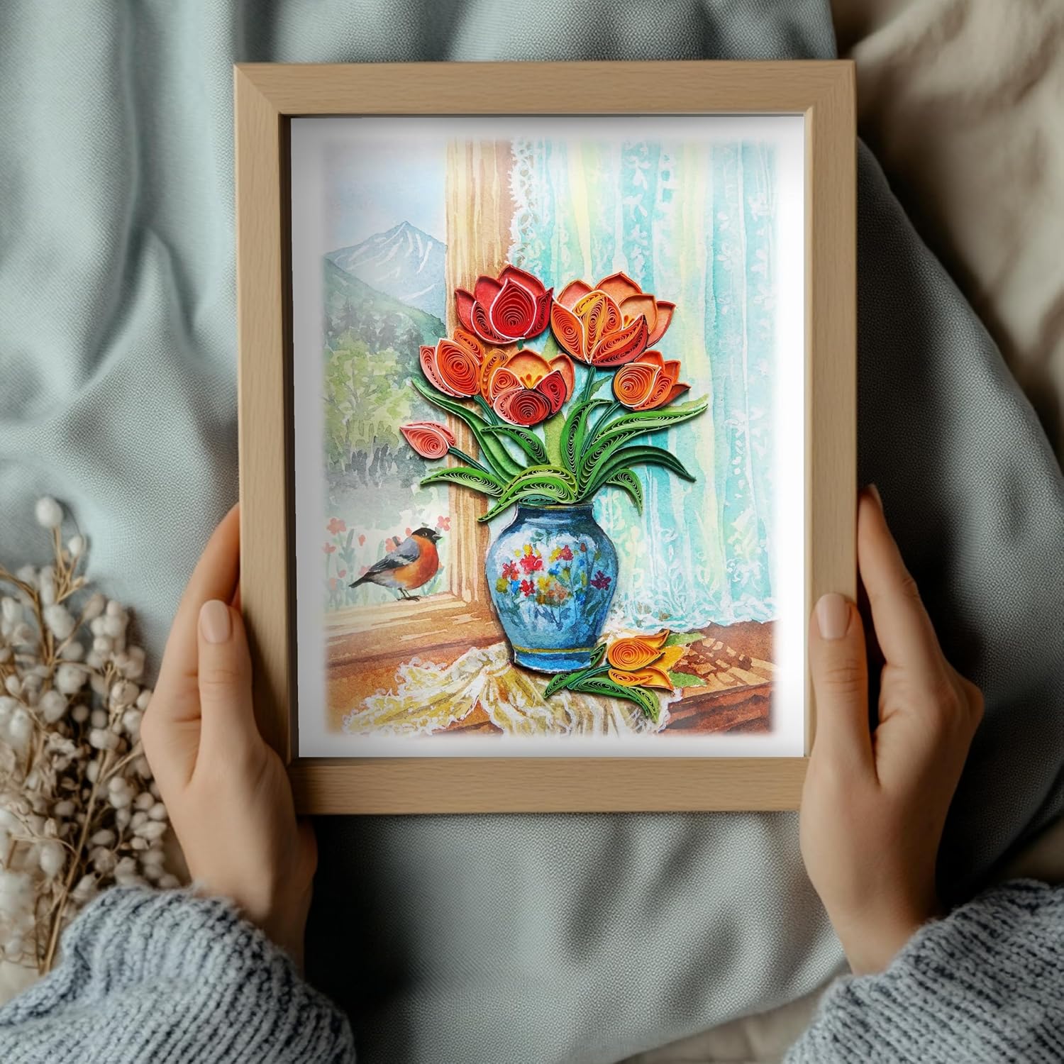 Mother Day Card, Tulip Quilling Card For Birthday, Anniversary, Watercolor Classy Cards For Mom, Women, Wife, Daughter (Tulip With American Robin)