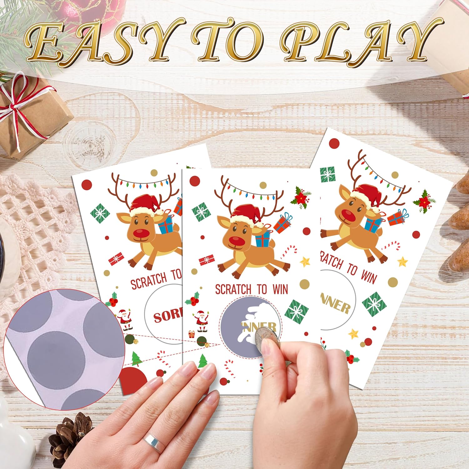 Christmas Scratch Off Game Cards, Christmas Party Game Cards, Reindeer Festive Raffle Games Prizes For Adults Groups, 50 Pcs Xmas Winter Holiday Activities Supplies Decorations -A04