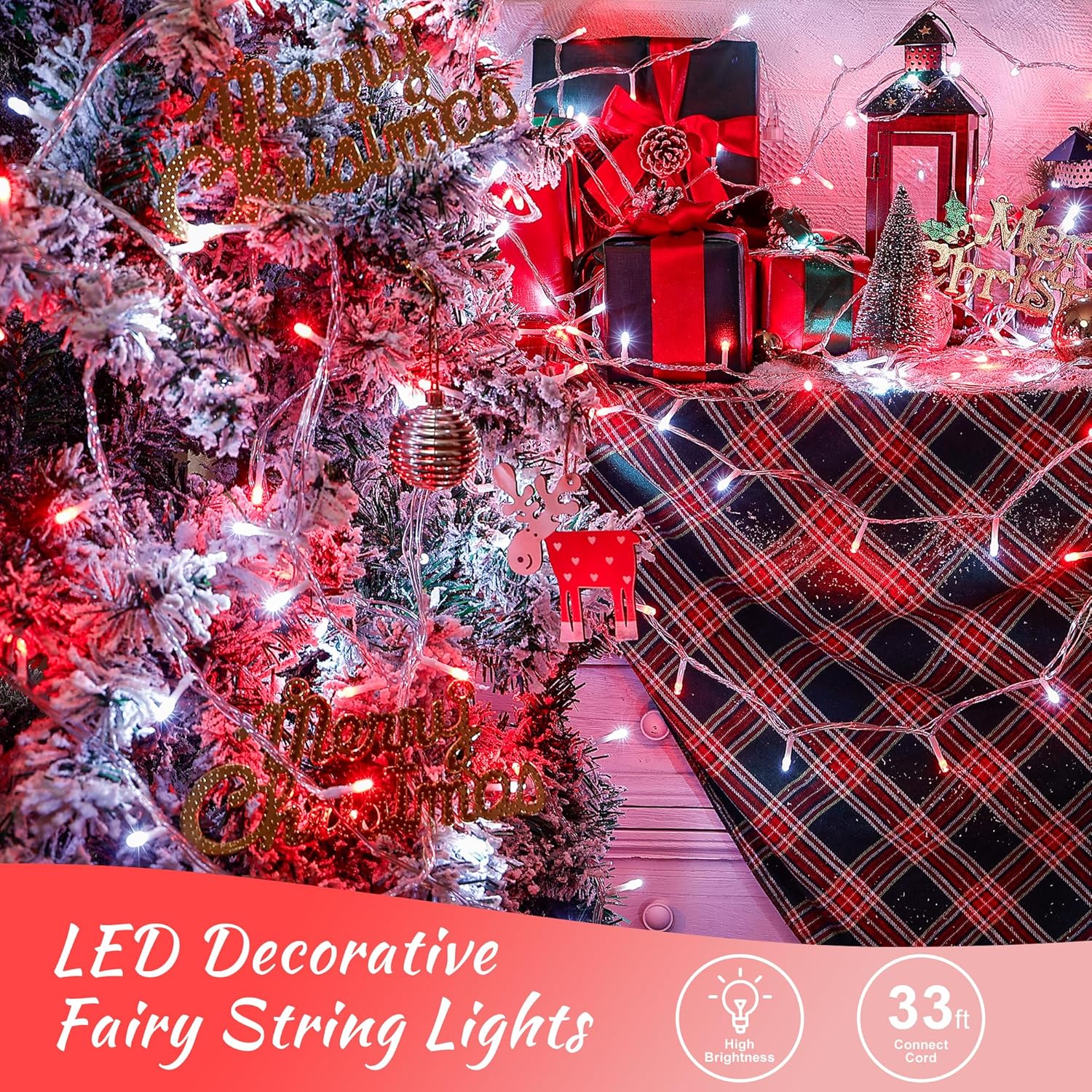 33Ft 100 Led String Lights,Waterproof Twinkle Fairy Lights Plug In With 8 Modes, Christmas Lights Clear Wire For Wedding