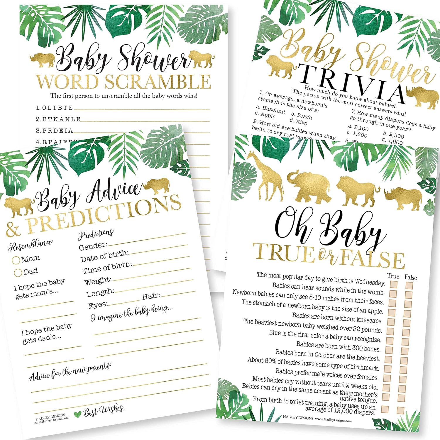 Baby Shower Games For 25 Guests - Safari Baby Predictions & Advice Cards For New Parents, Trivia Game, Word Scramble, True Or False Babyshower Games Boy Girl Gender Neutral, Made In Usa