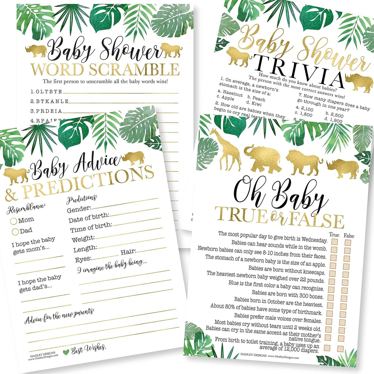 Baby Shower Games For 25 Guests - Safari Baby Predictions & Advice Cards For New Parents, Trivia Game, Word Scramble, True Or False Babyshower Games Boy Girl Gender Neutral, Made In Usa