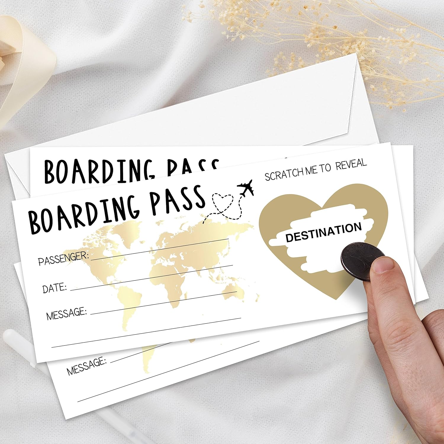 Scratch Surprise Boarding Pass, 1 Set Make Your Own Diy Travel Ticket, Surprise Reveal Card For Holiday, Christmas, Wedding, Birthday, Anniversary, Party Supply(3.5"X8" Gold)-A001